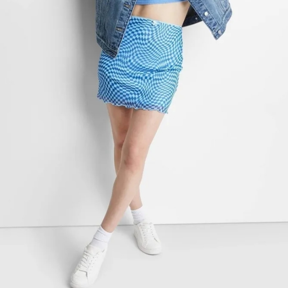 Wild Fable,  mini skirt blue with lettuce trim, lined. Size L